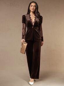 Silquee This Autumn/Winter Set Features A Velvet Blazer With Lace Detailing And Matching Trousers, Skillfully Blending Modern Fashion With Retro Street Style- - Brown - View 3