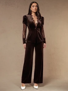 Silquee This Autumn/Winter Set Features A Velvet Blazer With Lace Detailing And Matching Trousers, Skillfully Blending Modern Fashion With Retro Street Style- - Brown - View 5