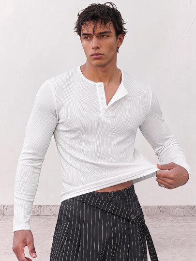 NORVETH Men's Casual Versatile White Long Sleeve T-Shirt