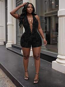 Slaydiva Women Black Summer 70's Night Out Rave Club Party Jacquard Fabric Leather Strap Halter Front Cut-Out Fitted Jumpsuit Plus Size Hollow-Out Romper Sexy - Black - View 1