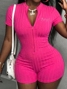 Slaydiva Plus Size Women's Y2K Street Sweet Style Letter Embroidered Zipper Front Romper, Casual Minimalist Basic For Spring Festival, Spring/Summer Music Festival, Valentine's Day, Easter - Hot Pink - View 8