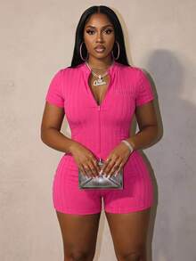 Slaydiva Plus Size Women's Y2K Street Sweet Style Letter Embroidered Zipper Front Romper, Casual Minimalist Basic For Spring Festival, Spring/Summer Music Festival, Valentine's Day, Easter - Hot Pink - View 1