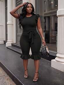 Slaydiva Women's Ruffle Sleeveless Fitted Cropped Jumpsuit With Belt, Black - Black - View 2