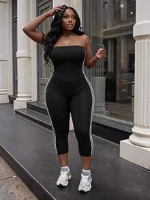Slaydiva Plus Size Women's Strapless Colorblock Casual Everyday Jumpsuit - Black - View 2
