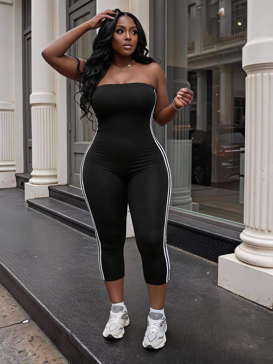Slaydiva Plus Size Women's Strapless Colorblock Casual Everyday Jumpsuit
