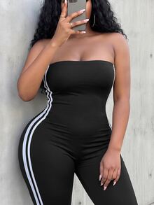 Slaydiva Plus Size Women's Strapless Colorblock Casual Everyday Jumpsuit - Black - View 7