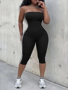 Slaydiva Plus Size Women's Strapless Colorblock Casual Everyday Jumpsuit - Black - View 5
