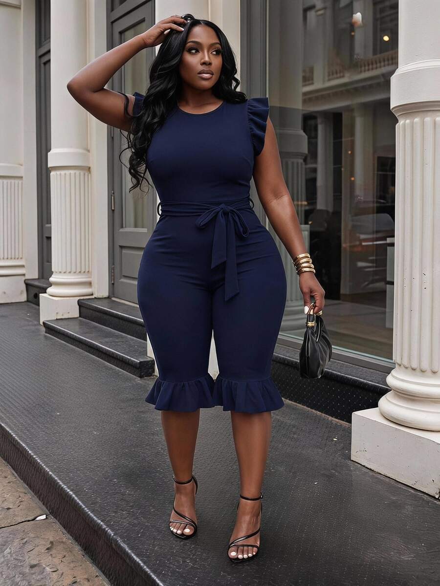 Slaydiva Women's Ruffle Trim Sleeveless Fitted Cropped Jumpsuit With Belt, Black - Navy Blue - View 1