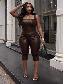 Slaydiva Plus Size Women PU Leather Square Neck Sleeveless Fashion 3/4 Length Jumpsuit - Brown - View 2