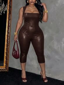 Slaydiva Plus Size Women PU Leather Square Neck Sleeveless Fashion 3/4 Length Jumpsuit - Brown - View 7