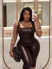 Slaydiva Plus Size Women PU Leather Square Neck Sleeveless Fashion 3/4 Length Jumpsuit - Brown - View 9