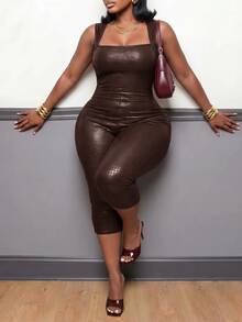 Slaydiva Plus Size Women PU Leather Square Neck Sleeveless Fashion 3/4 Length Jumpsuit - Brown - View 8