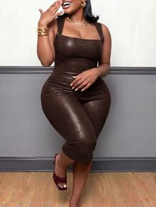 Slaydiva Plus Size Women PU Leather Square Neck Sleeveless Fashion 3/4 Length Jumpsuit - Brown - View 6