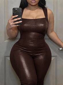 Slaydiva Plus Size Women PU Leather Square Neck Sleeveless Fashion 3/4 Length Jumpsuit - Brown - View 4