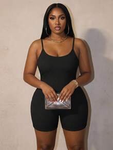 Slaydiva Plus Size Sexy Solid Color Sleeveless Jumpsuit, Summer - Black - View 1