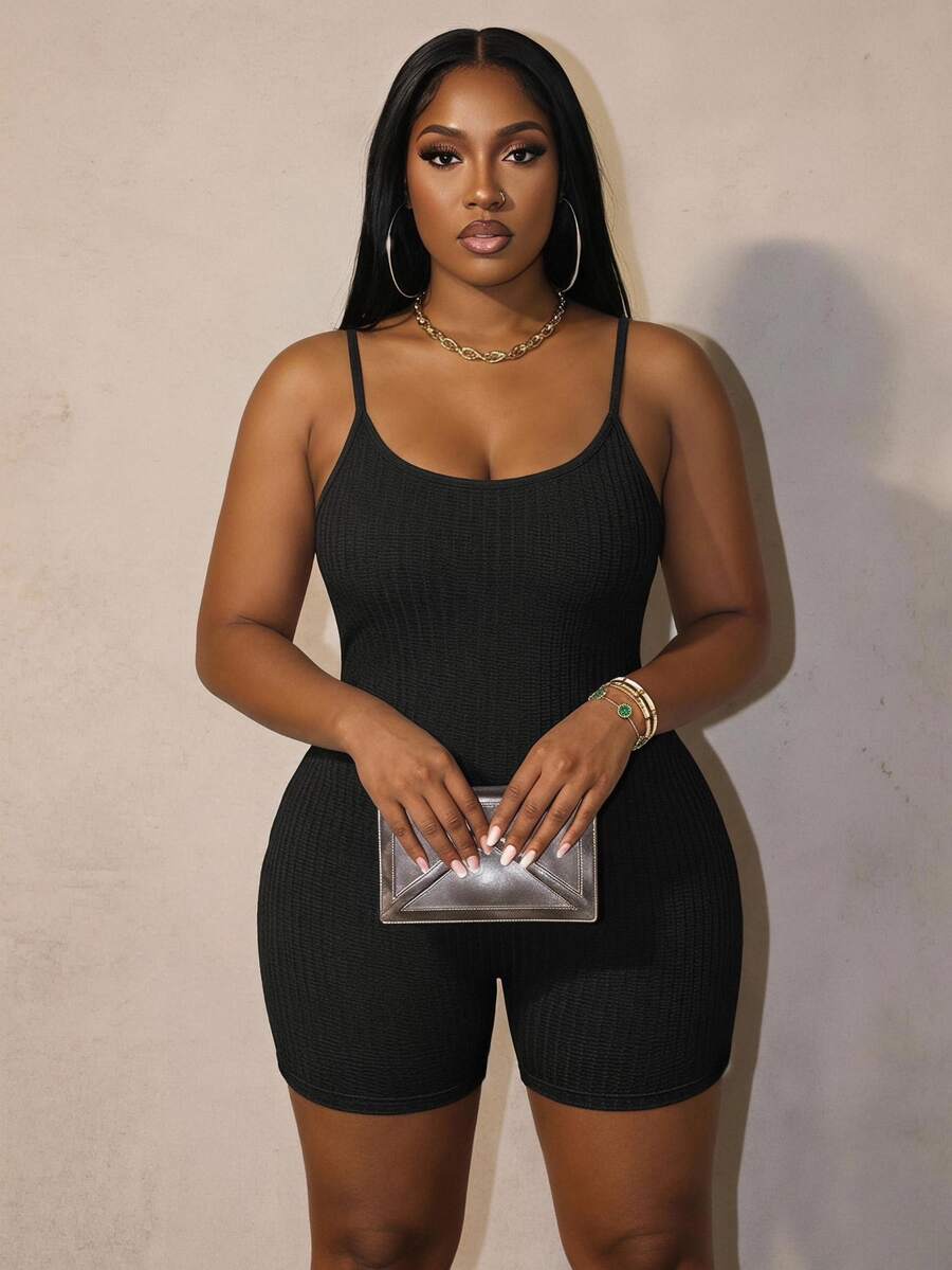 Slaydiva Plus Size Sexy Solid Color Sleeveless Jumpsuit, Summer - Black - View 1