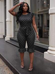 Slaydiva New Summer/Fall Plus Size Women's Black Ruffle Cap Sleeve Jumpsuit With Tie Waist And Ruffle Hem/Autumn/Elegant/Holiday/Festival/Vacation/Polka Dot - Black - View 2
