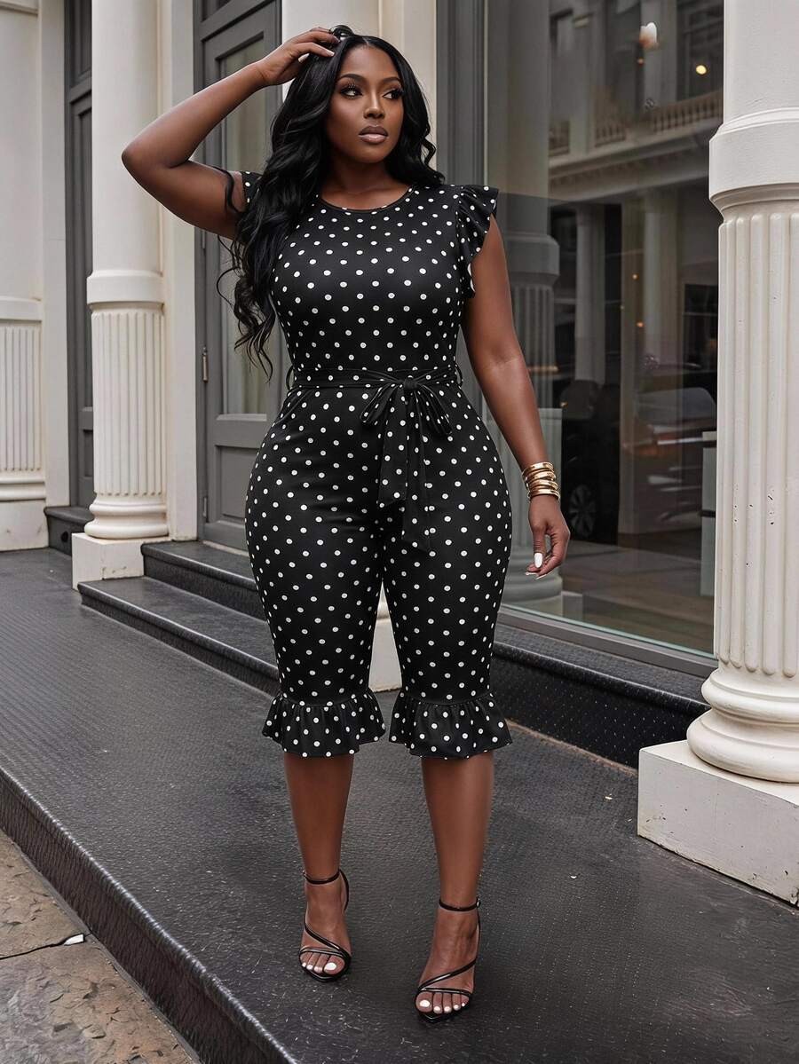 Slaydiva New Summer/Fall Plus Size Women's Black Ruffle Cap Sleeve Jumpsuit With Tie Waist And Ruffle Hem/Autumn/Elegant/Holiday/Festival/Vacation/Polka Dot