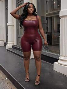 Slaydiva New Spring/Summer Style: Slim-Fit, Sexy 70's Burgundy Leopard Print PU Square Neck Sleeveless Mini Jumpsuit. Suitable For Parties Night Party Rave - Burgundy - View 2