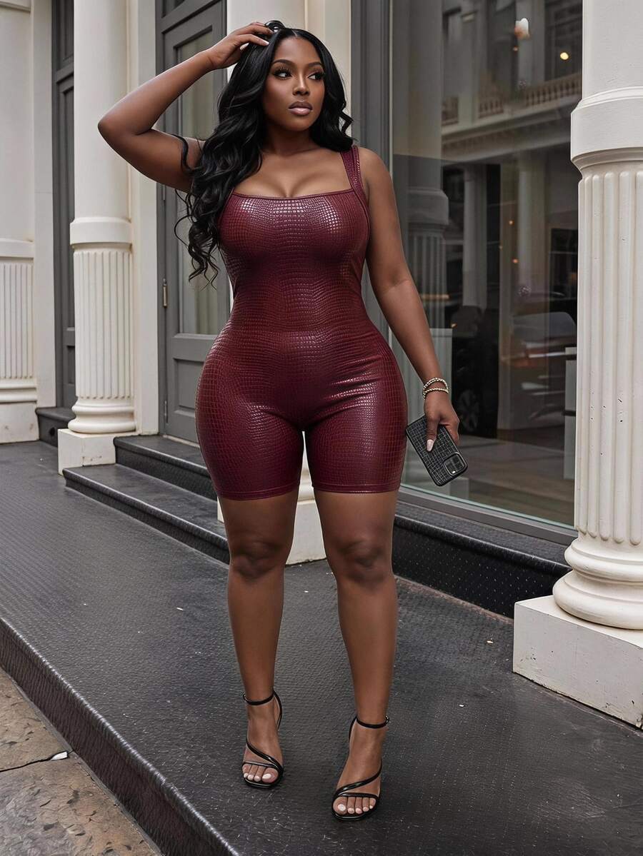 Slaydiva New Spring/Summer Style: Slim-Fit, Sexy 70's Burgundy Leopard Print PU Square Neck Sleeveless Mini Jumpsuit. Suitable For Parties Night Party Rave