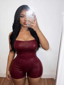 Slaydiva New Spring/Summer Style: Slim-Fit, Sexy 70's Burgundy Leopard Print PU Square Neck Sleeveless Mini Jumpsuit. Suitable For Parties Night Party Rave - Burgundy - View 4
