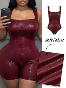 Slaydiva New Spring/Summer Style: Slim-Fit, Sexy 70's Burgundy Leopard Print PU Square Neck Sleeveless Mini Jumpsuit. Suitable For Parties Night Party Rave - Burgundy - View 11