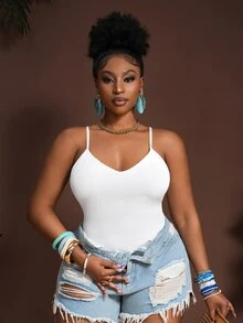 Slaydiva Plus Size Black Slim Fit Sleeveless Bodysuit, Autumn/Winter White - White - View 7