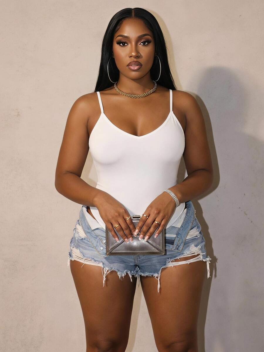 Slaydiva Plus Size Black Slim Fit Sleeveless Bodysuit, Autumn/Winter White - White - View 1