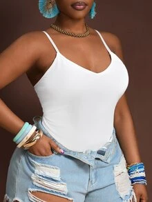 Slaydiva Plus Size Black Slim Fit Sleeveless Bodysuit, Autumn/Winter White - White - View 6