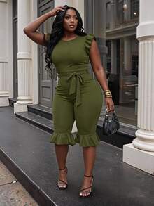 Slaydiva Women's Ruffle Trim Sleeveless Fitted Cropped Jumpsuit With Belt, Black - Army Green - View 1