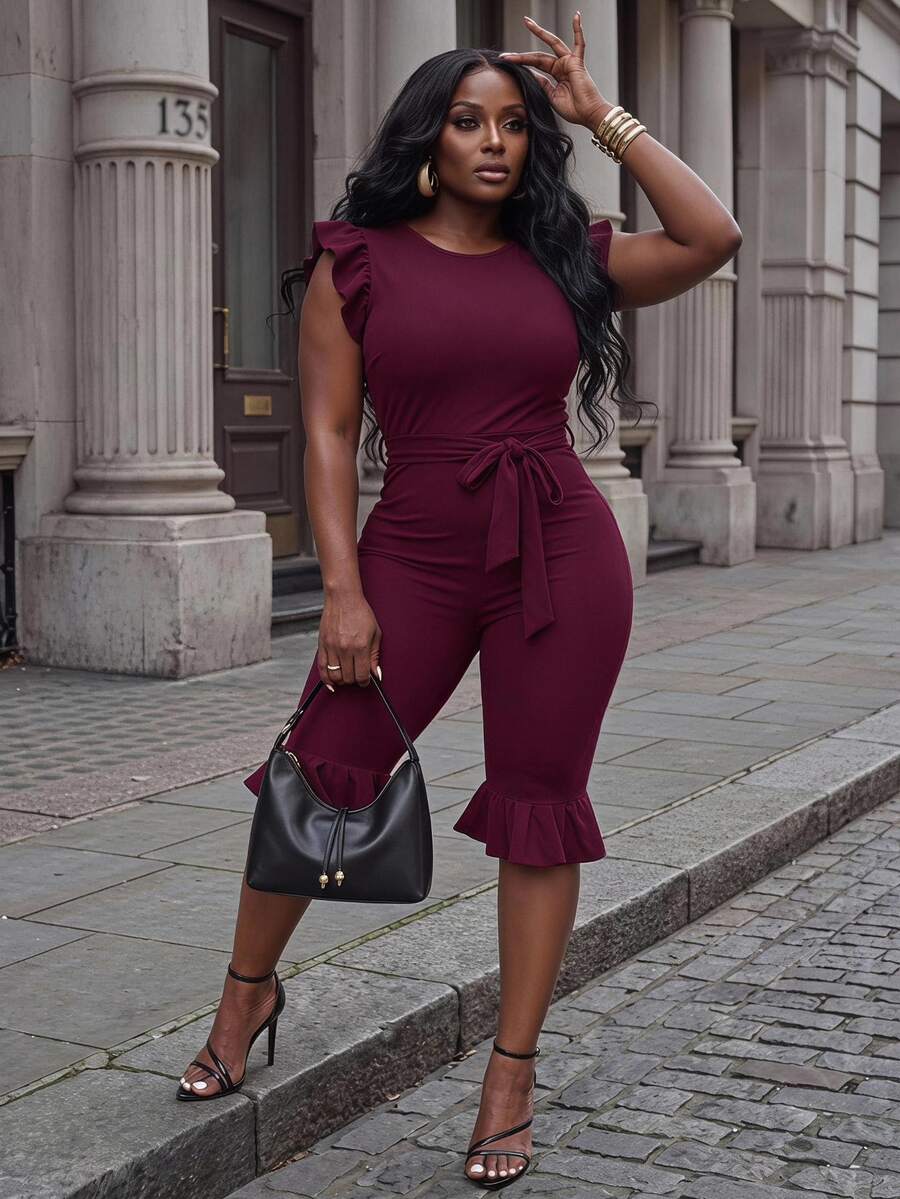Slaydiva Women's Ruffle Trim Sleeveless Fitted Cropped Jumpsuit With Belt, Black - Burgundy - View 1