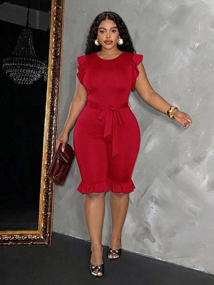 Slaydiva Women's Ruffle Trim Sleeveless Fitted Cropped Jumpsuit With Belt, Black - Red - View 9