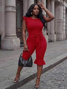 Slaydiva Women's Ruffle Trim Sleeveless Fitted Cropped Jumpsuit With Belt, Black - Red - View 1