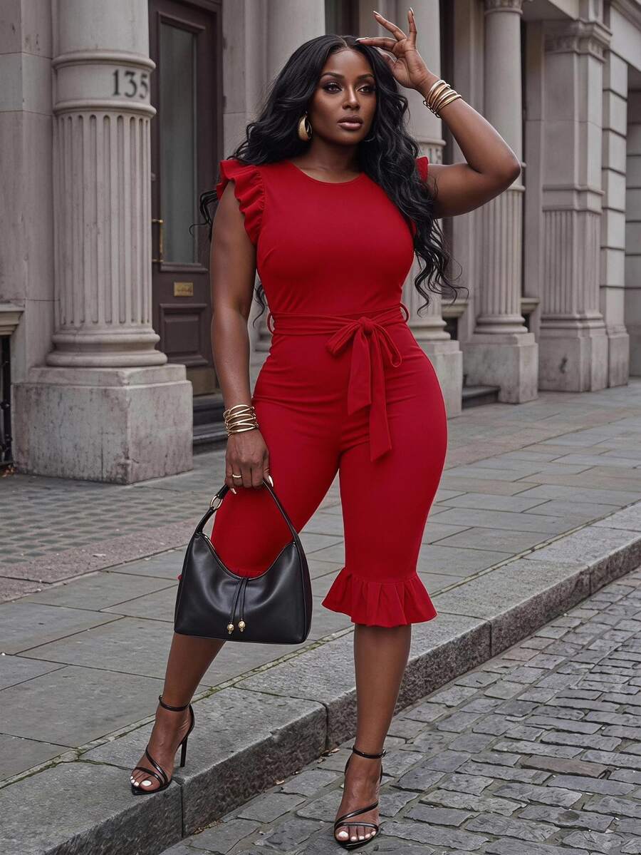 Slaydiva Women's Ruffle Trim Sleeveless Fitted Cropped Jumpsuit With Belt, Black - Red - View 1