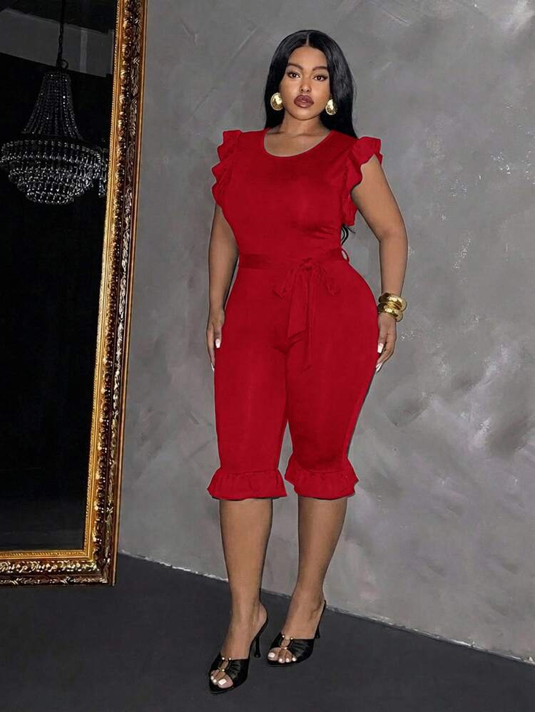 Slaydiva Women's Ruffle Trim Sleeveless Fitted Cropped Jumpsuit With Belt, Black - Red - View 8