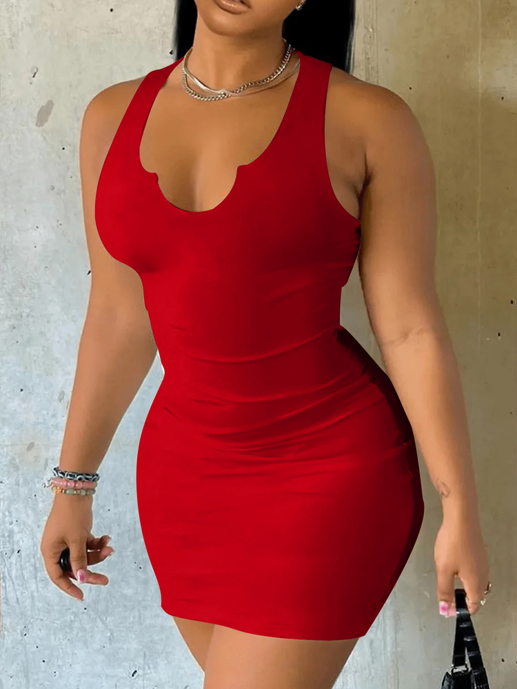 Veslaya Red Casual Versatile Plus Size Women Bodycon V Neck Sleeveless Short Dress, Suitable For Summer Suitable For Going Out Chic Dress - Red - View 6