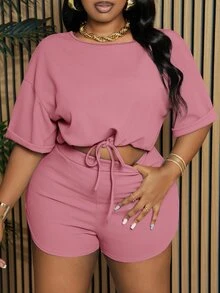 Slaydiva Slayr Plus Solid Color Drawstring Waist Split Hem Women Plus Size 2 Pieces Outfits, Set, Summer Yoga Jumpsuit Ysk Clothes Ladies Clothes Two Piece - Pink - View 3