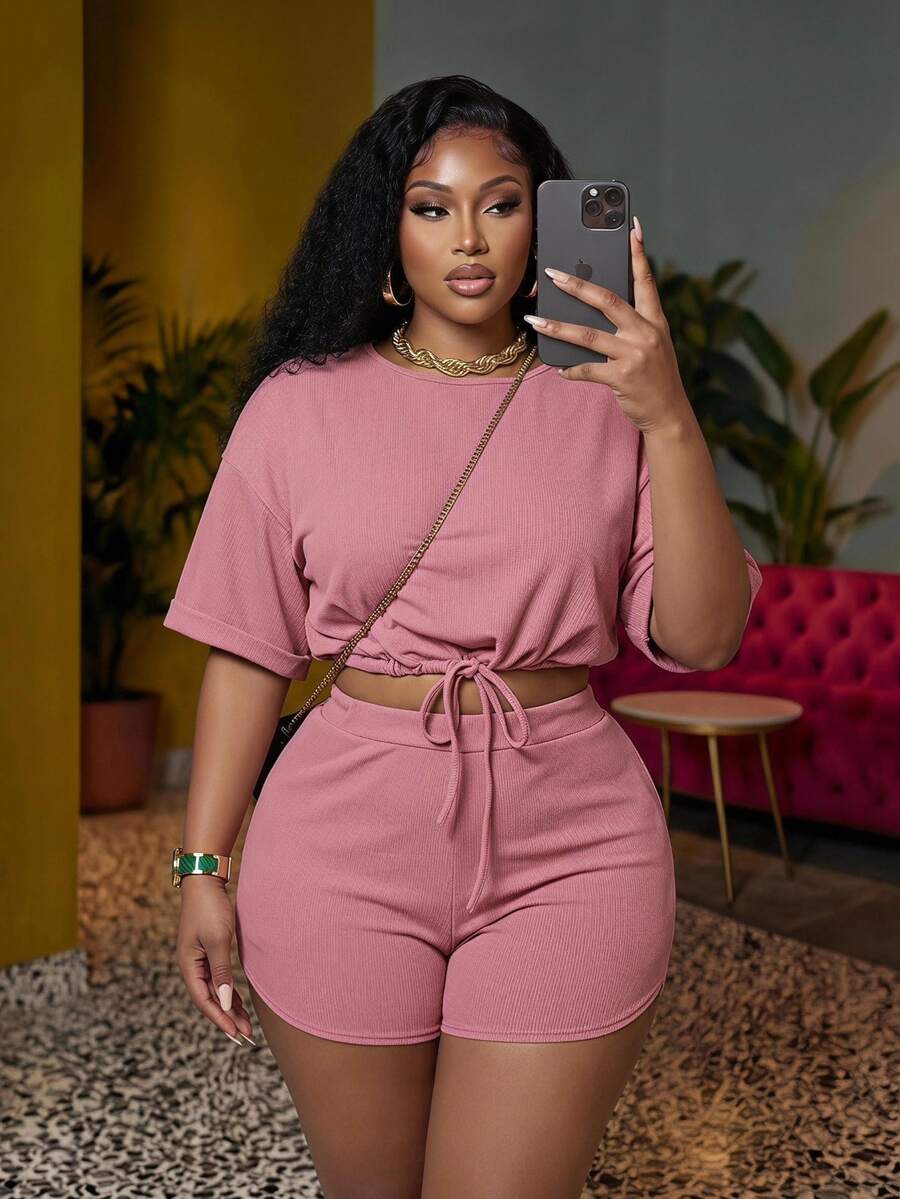 Slaydiva Slayr Plus Solid Color Drawstring Waist Split Hem Women Plus Size 2 Pieces Outfits, Set, Summer Yoga Jumpsuit Ysk Clothes Ladies Clothes Two Piece - Pink - View 1