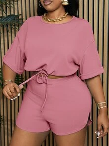 Slaydiva Slayr Plus Solid Color Drawstring Waist Split Hem Women Plus Size 2 Pieces Outfits, Set, Summer Yoga Jumpsuit Ysk Clothes Ladies Clothes Two Piece - Pink - View 5