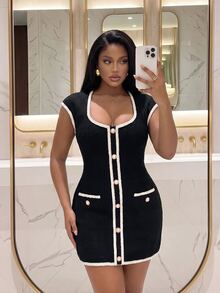 Slaydiva Gaun Wanita Ukuran Besar, Gaun Pesta Mini Tanpa Lengan Bahan Tweed dengan Hiasan Mutiara Hitam. - Hitam - View 4