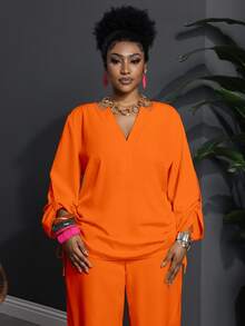 Veslaya 2pcs Plus Size Casual Solid Color Notched Collar Long Sleeve & Pants Set, Western Wear For Women Fall - Orange - View 4