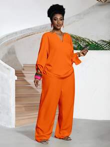 Veslaya 2pcs Plus Size Casual Solid Color Notched Collar Long Sleeve & Pants Set, Western Wear For Women Fall - Orange - View 7