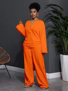 Veslaya 2pcs Plus Size Casual Solid Color Notched Collar Long Sleeve & Pants Set, Western Wear For Women Fall - Orange - View 5