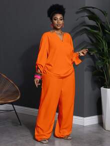 Veslaya 2pcs Plus Size Casual Solid Color Notched Collar Long Sleeve & Pants Set, Western Wear For Women Fall - Orange - View 3