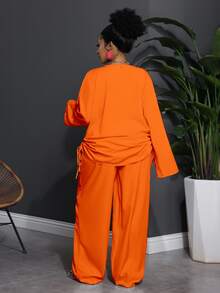 Veslaya 2pcs Plus Size Casual Solid Color Notched Collar Long Sleeve & Pants Set, Western Wear For Women Fall - Orange - View 2
