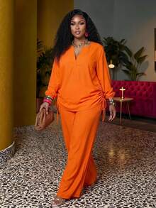 Veslaya 2pcs Plus Size Casual Solid Color Notched Collar Long Sleeve & Pants Set, Western Wear For Women Fall - Orange - View 1