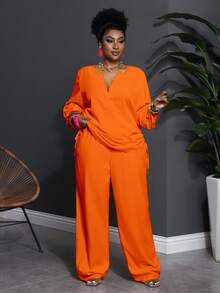 Veslaya 2pcs Plus Size Casual Solid Color Notched Collar Long Sleeve & Pants Set, Western Wear For Women Fall - Orange - View 6
