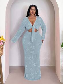 Slaydiva Plus Size Women Holiday Beach Vacation Wedding Guest Solid Color Hollow Out Knit Top And Skirt Set Winter Fall Autumn Light Blue Elegant Sexy - Baby Blue - View 6