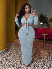 Slaydiva Plus Size Women Holiday Beach Vacation Wedding Guest Solid Color Hollow Out Knit Top And Skirt Set Winter Fall Autumn Light Blue Elegant Sexy - Baby Blue - View 1
