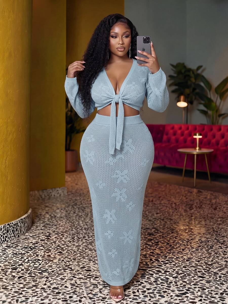 Slaydiva Plus Size Women Holiday Beach Vacation Wedding Guest Solid Color Hollow Out Knit Top And Skirt Set Winter Fall Autumn Light Blue Elegant Sexy - Baby Blue - View 1